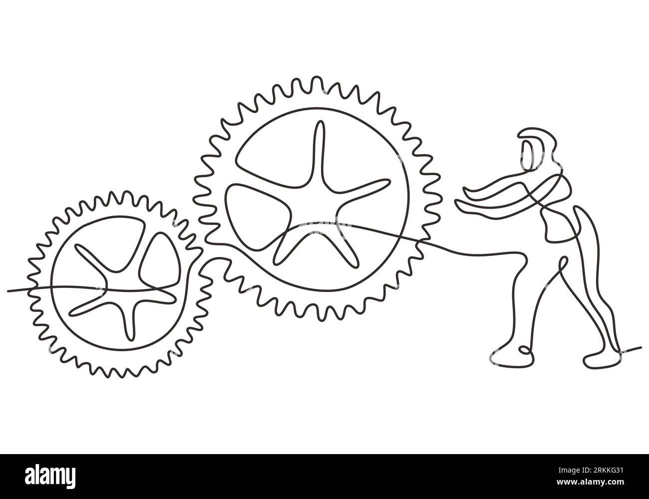 Man with moving gears wheels in continuous line drawing minimalist design. Round wheel metal symbol company logotype template for business teamwork co Stock Vector