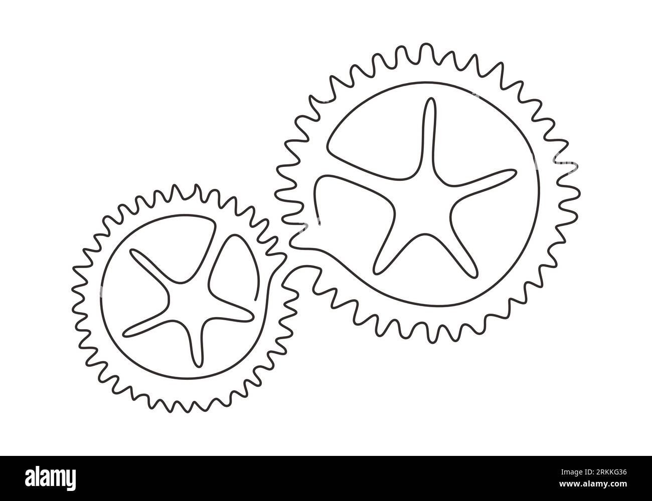 Moving gears wheels in continuous line drawing minimalist design. Round wheel metal symbol company logotype template for business teamwork concept lin Stock Vector