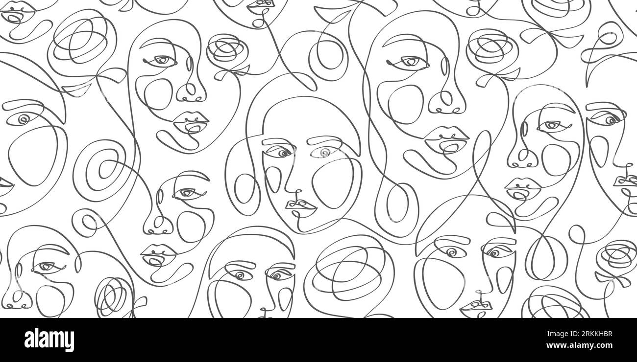 Seamless pattern of abstract women face one line isolated on white ...