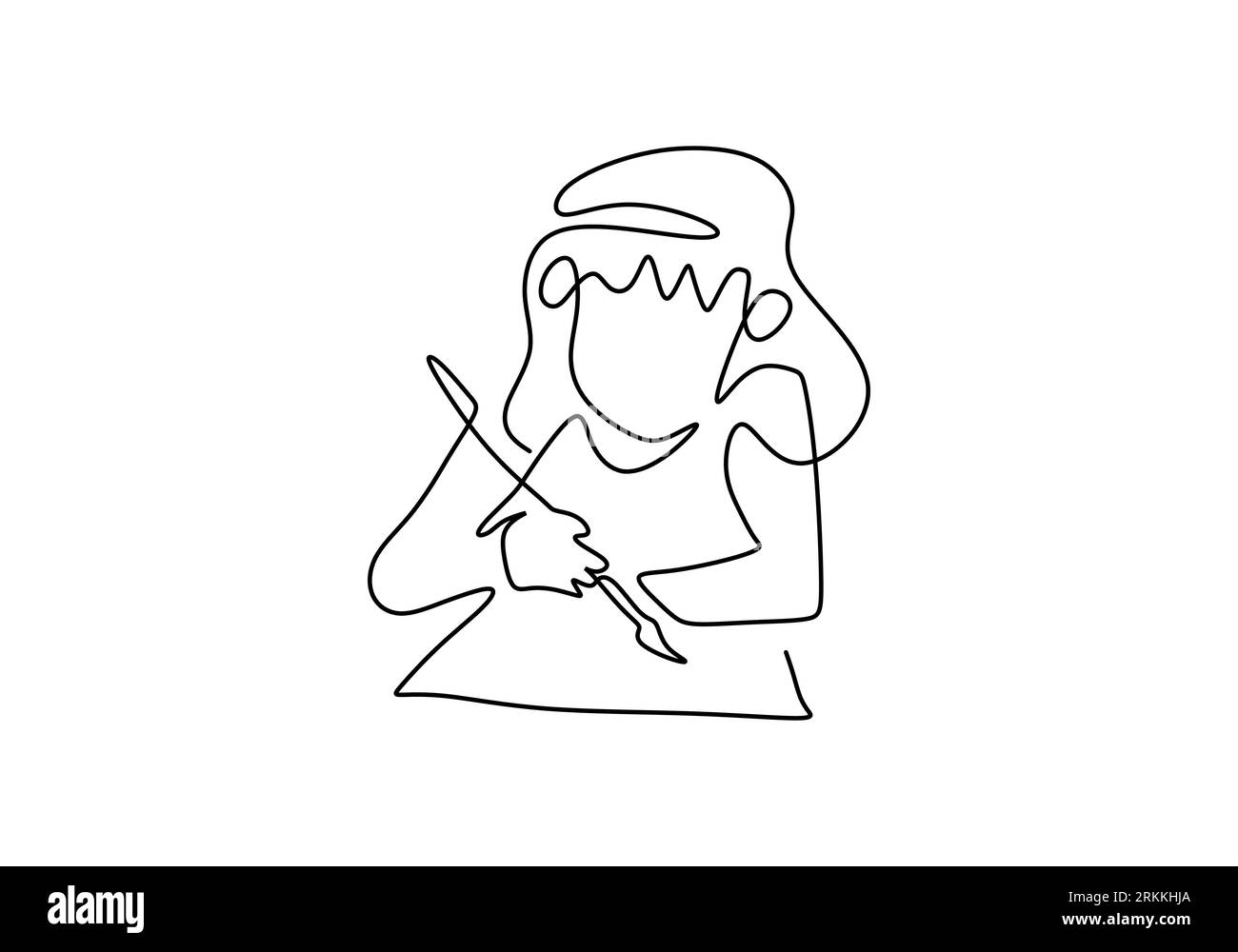 Continuous one line drawing of little girl is painting isolated on white background. A cute daughter holding brush and painting on blank paper. Creati Stock Vector