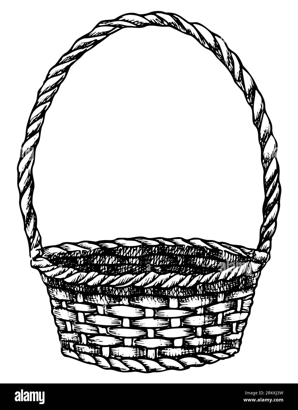 Empty wicker picnic Basket. Hand drawn vector illustration of handmade