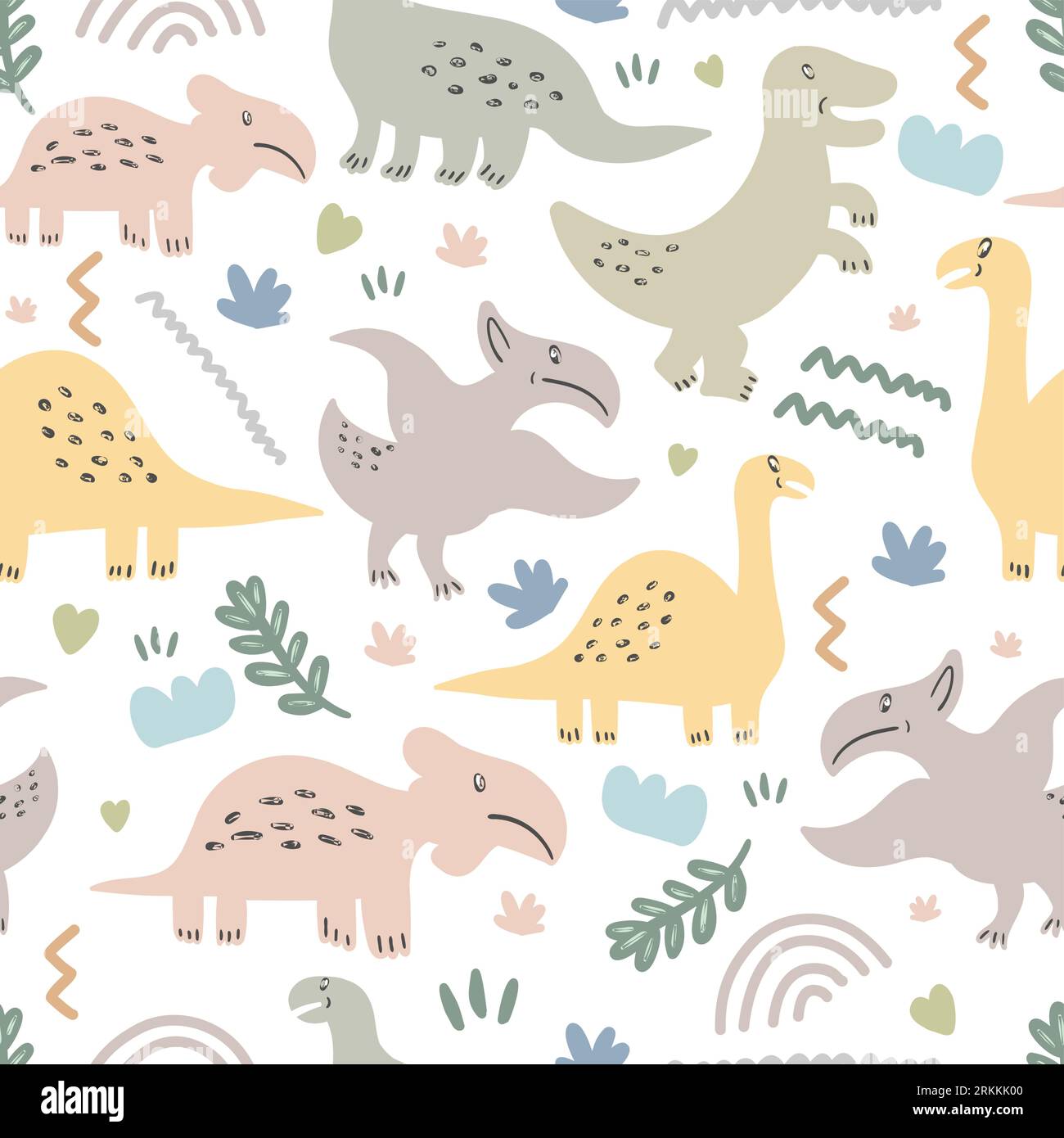 Seamless pattern of cute dinosaurs and floral isolated on white ...