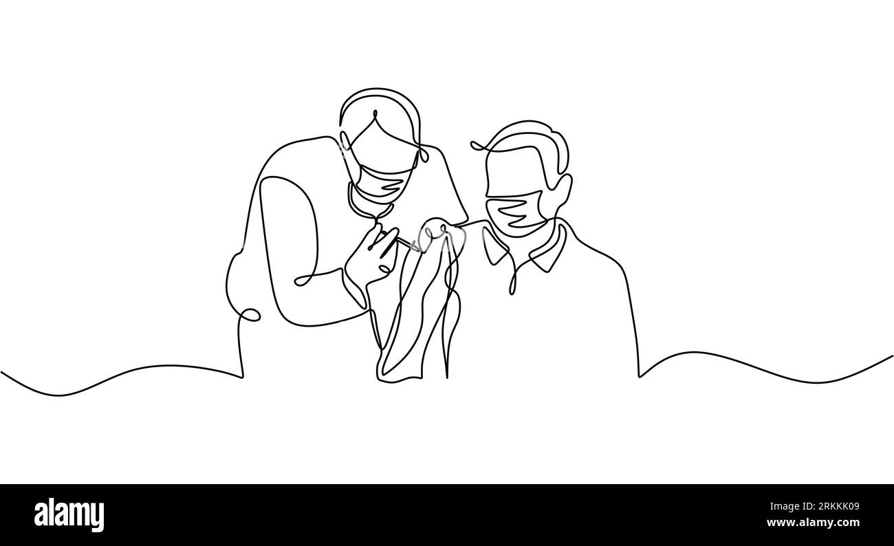 One continuous line of a male doctor injecting vaccine to a man isolated on white background. Stock Vector