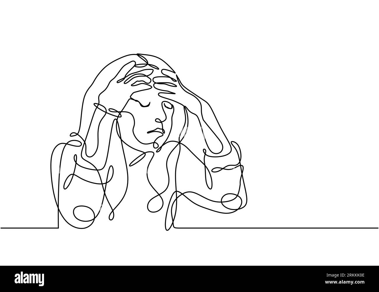 Stressed woman continuous line drawing, one single hand drawn vector illustration. young girl worried about suffering from depression in mental health Stock Vector