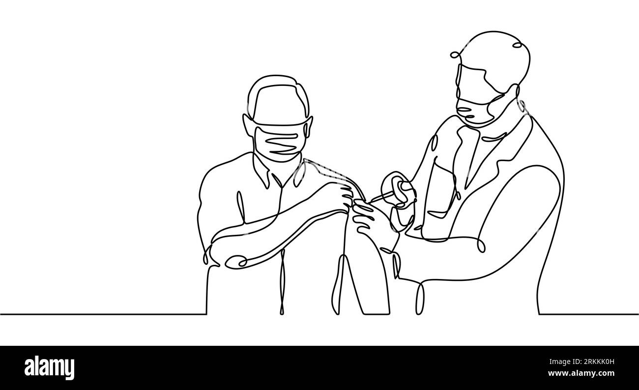 One continuous line of A Doctor injecting vaccine to a man. Stock Vector