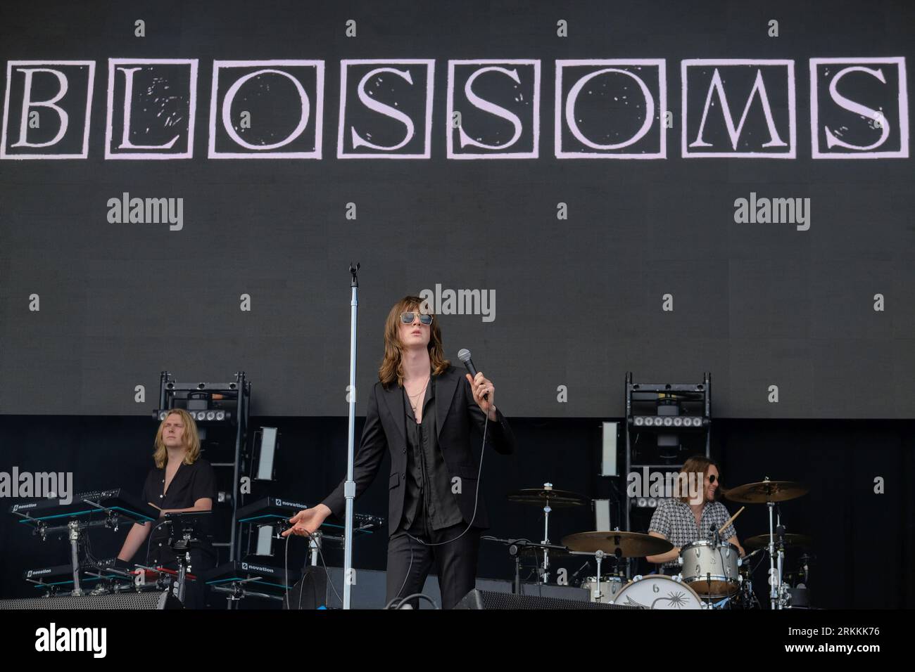 Southsea, UK. 25th Aug, 2023. Myles Kellock, keyboard player, lead singer and guitarist Tom Ogden and drummer Joe Donovan with British indie pop band Blossoms BBC's Sound of New Music list in 2016, and Mercury Music Prize nominees performing live on stage at Victorious Festival. Credit: SOPA Images Limited/Alamy Live News Stock Photo