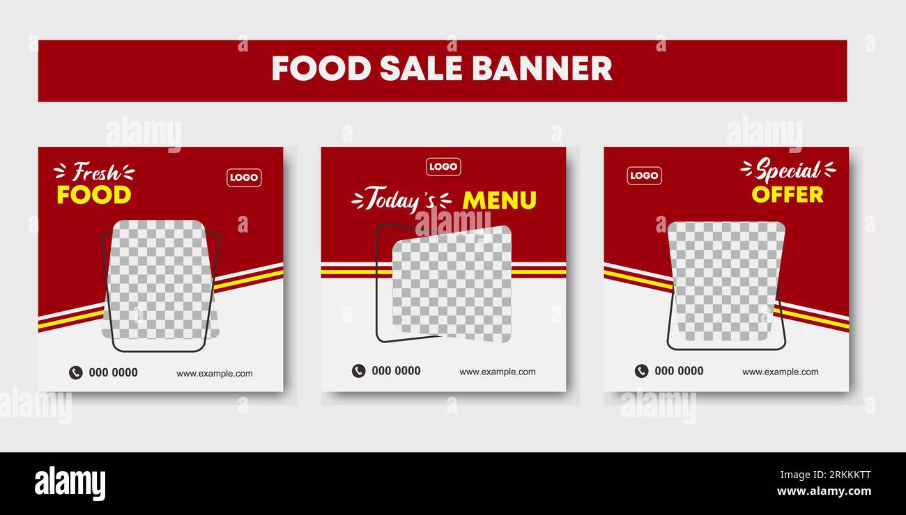 Set of editable square banner restaurant culinary social media post template, promo, discount, sale. Red and white colored layout design for marketing Stock Vector