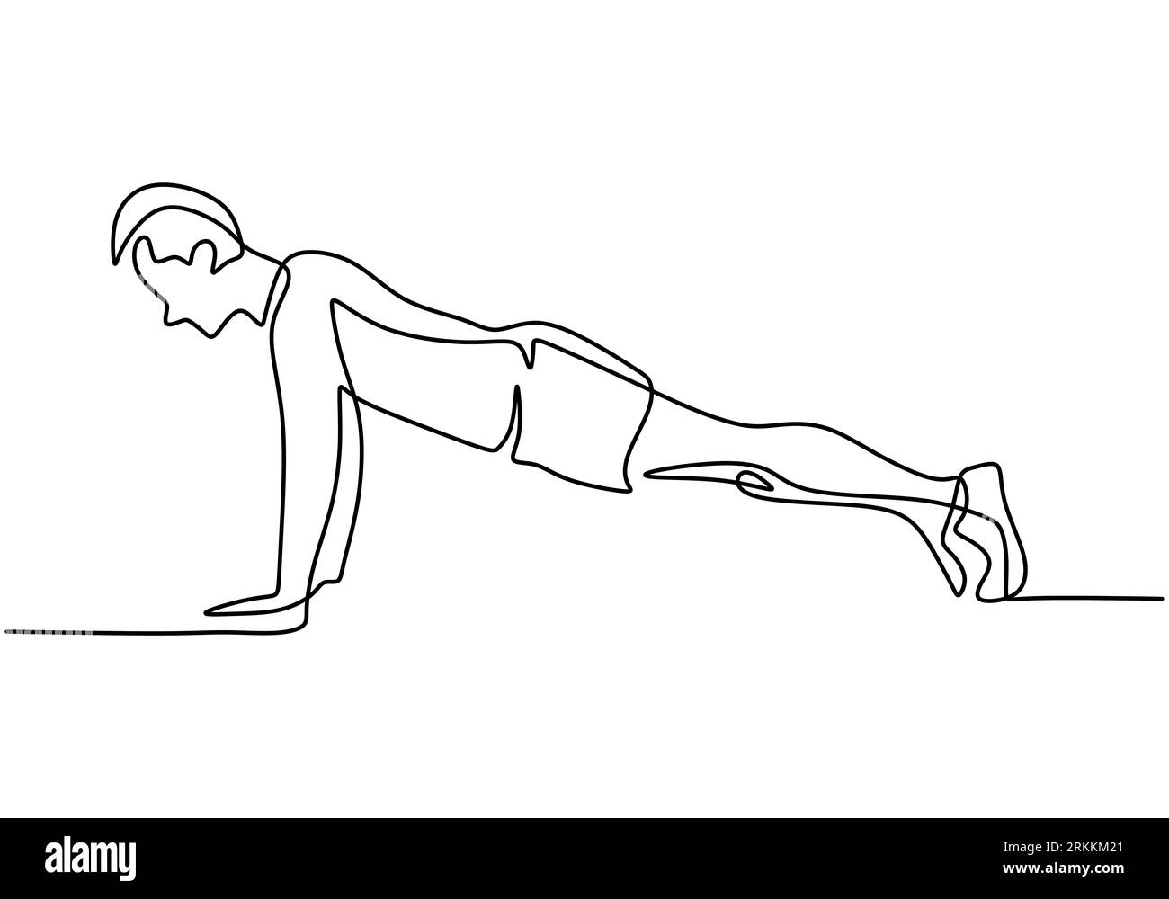 One continuous line drawing of young man training doing push ups in a