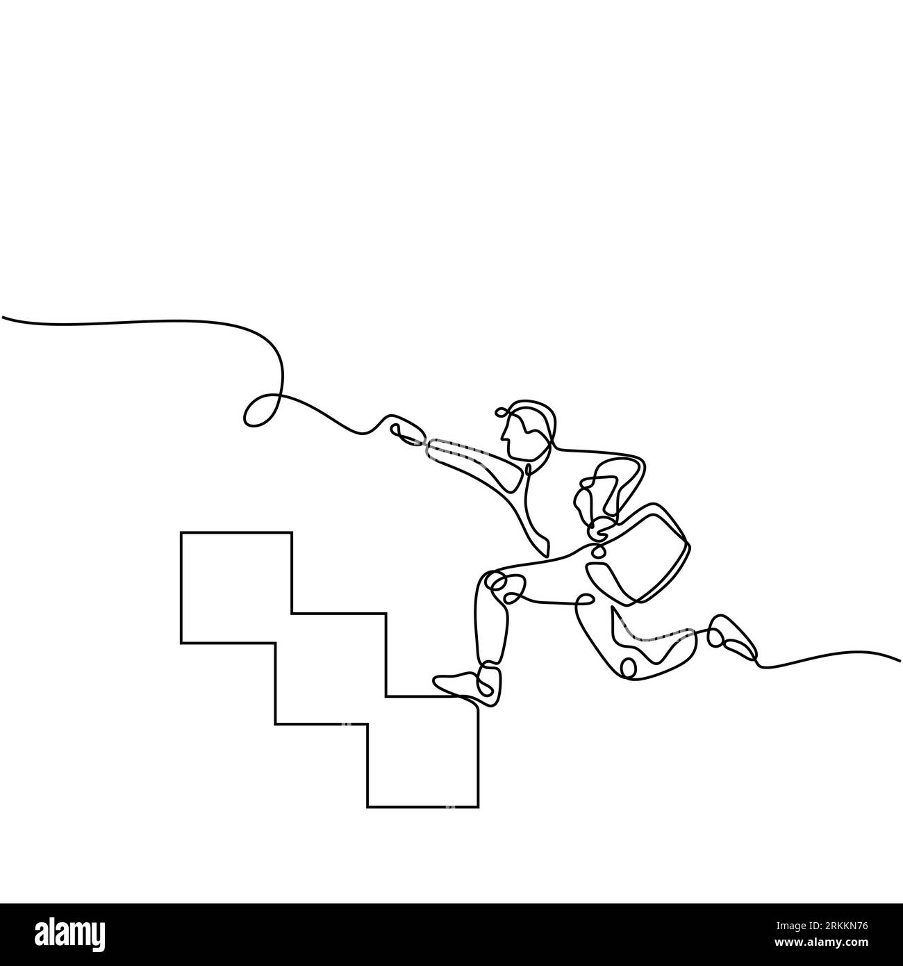Stairway to success - continuous line drawing, Man running fast up stairs to reach his goals.Metaphor business success and boost personal career. Stock Vector