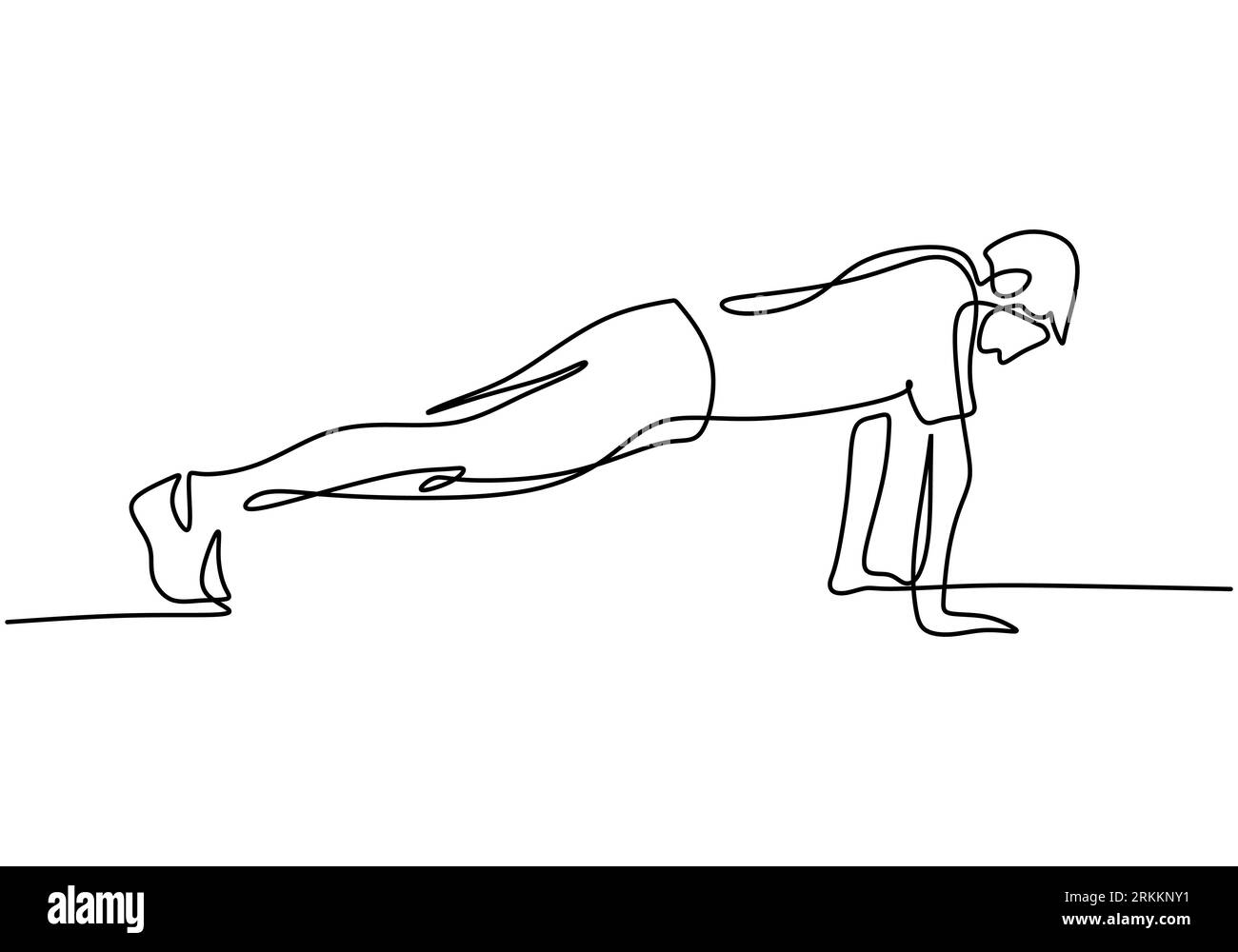 One continuous line drawing of young man training doing push ups in a