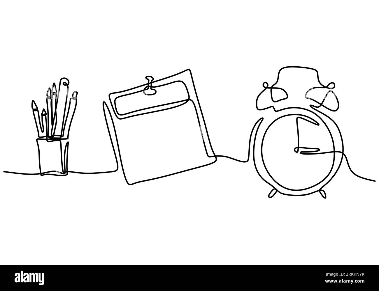 One continuous line drawing of alarm clock with book, pencil, pen