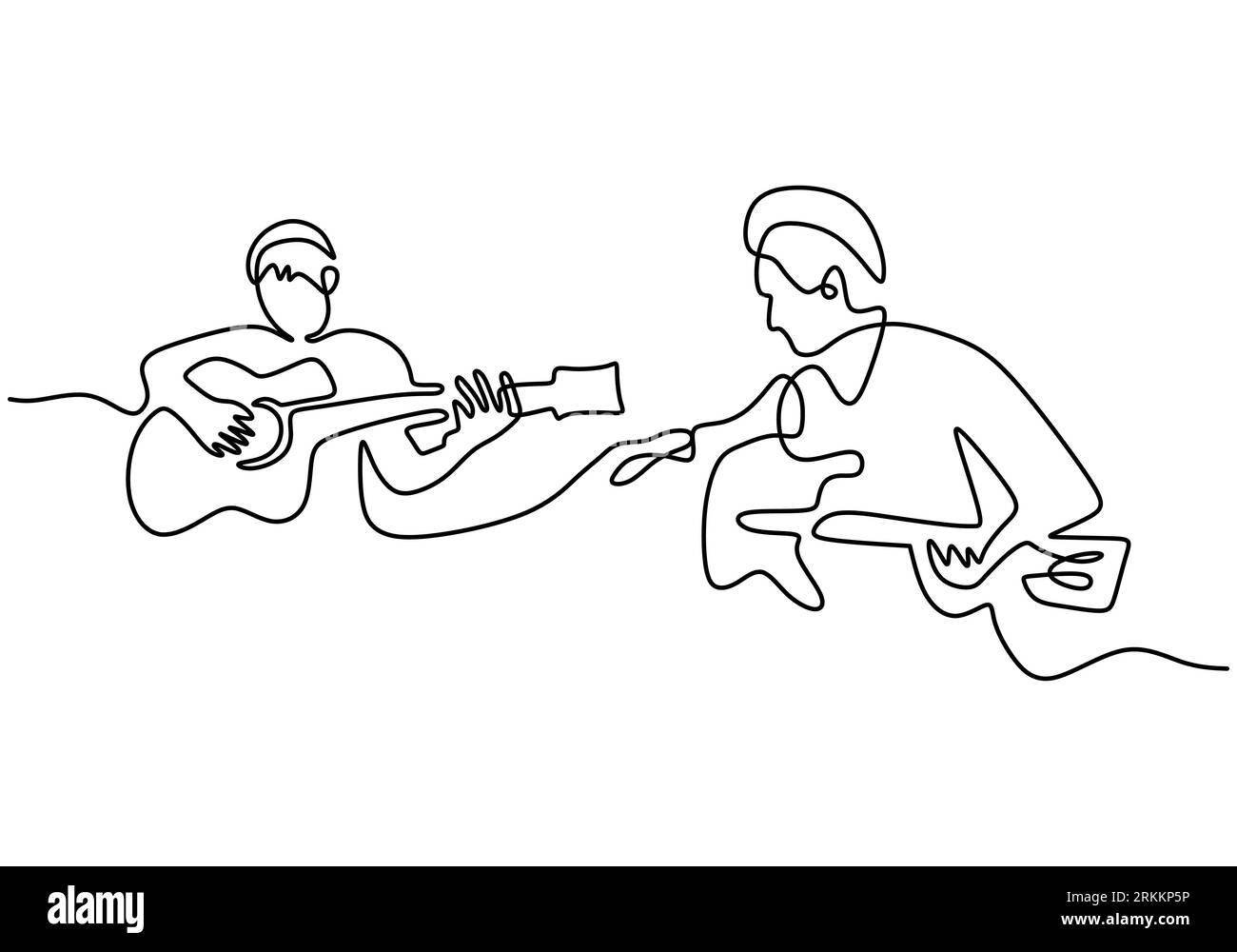 Continuous single drawn one line father teaching his son to play guitar ...