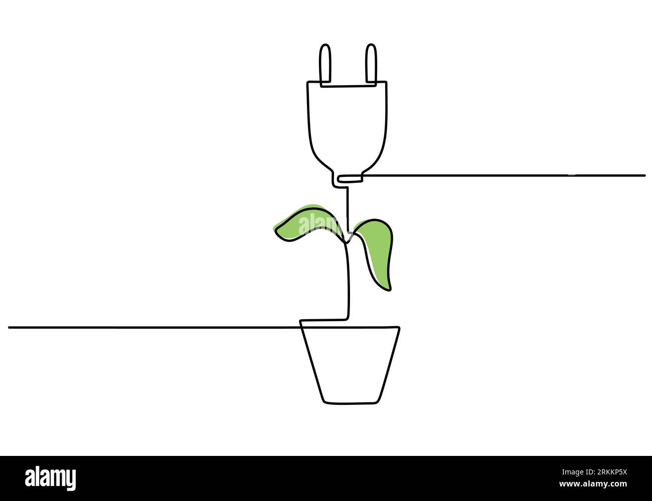 Continuous single line drawing of electric plug with green leaf