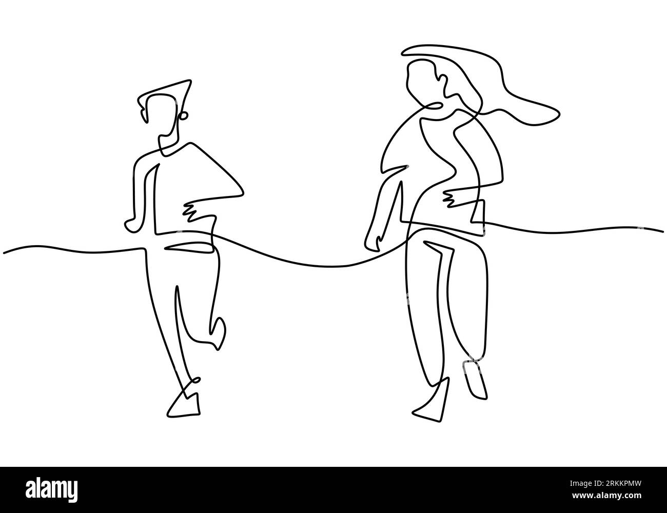 Continuous line drawing of young mother run together with her teenager son in the morning. Happy mom and son doing exercise at the field park. Family Stock Vector