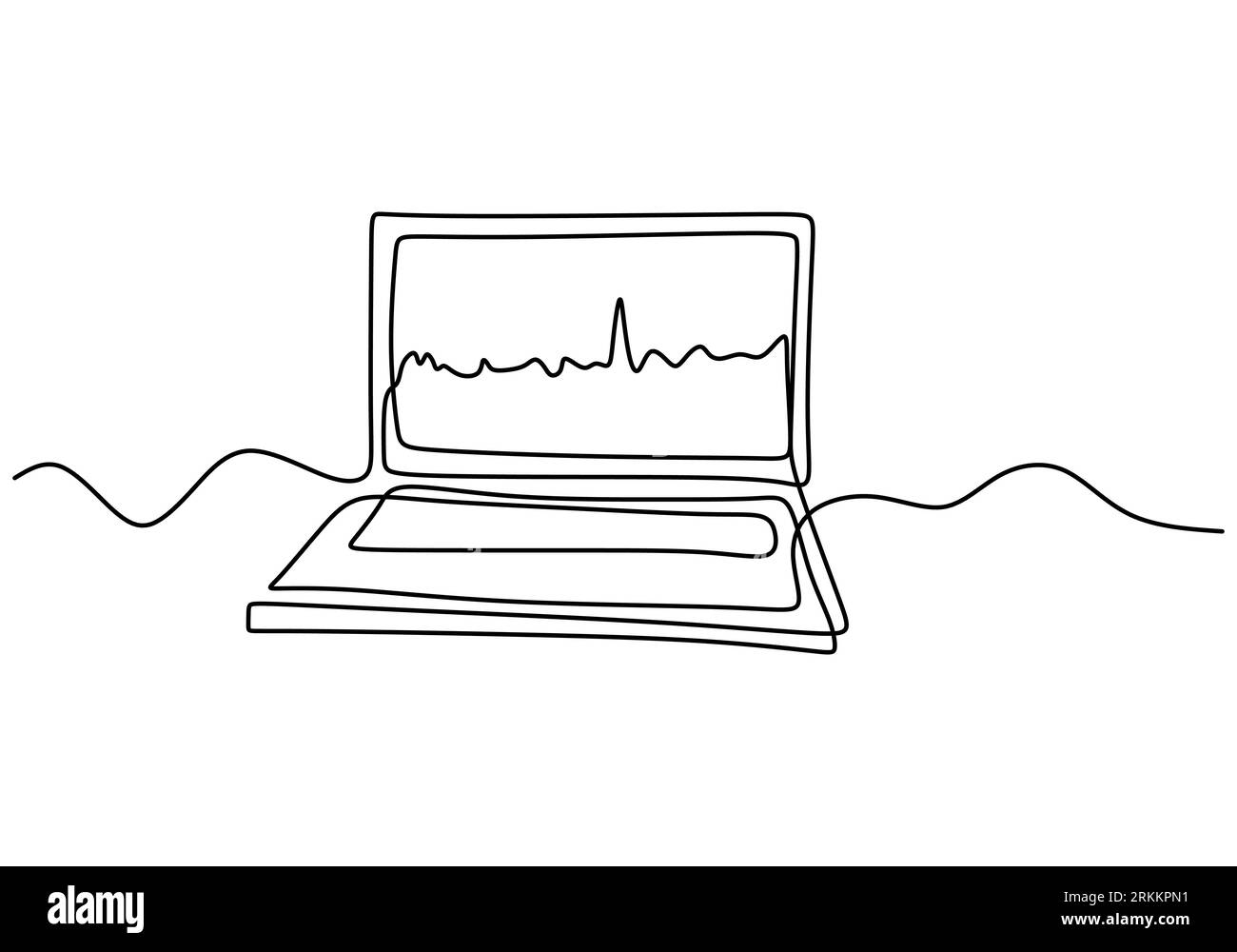 Graph growth indicators on laptop screen in one continuous line hand drawn art minimalism style. The concept is the growth of stock finance isolated o Stock Vector