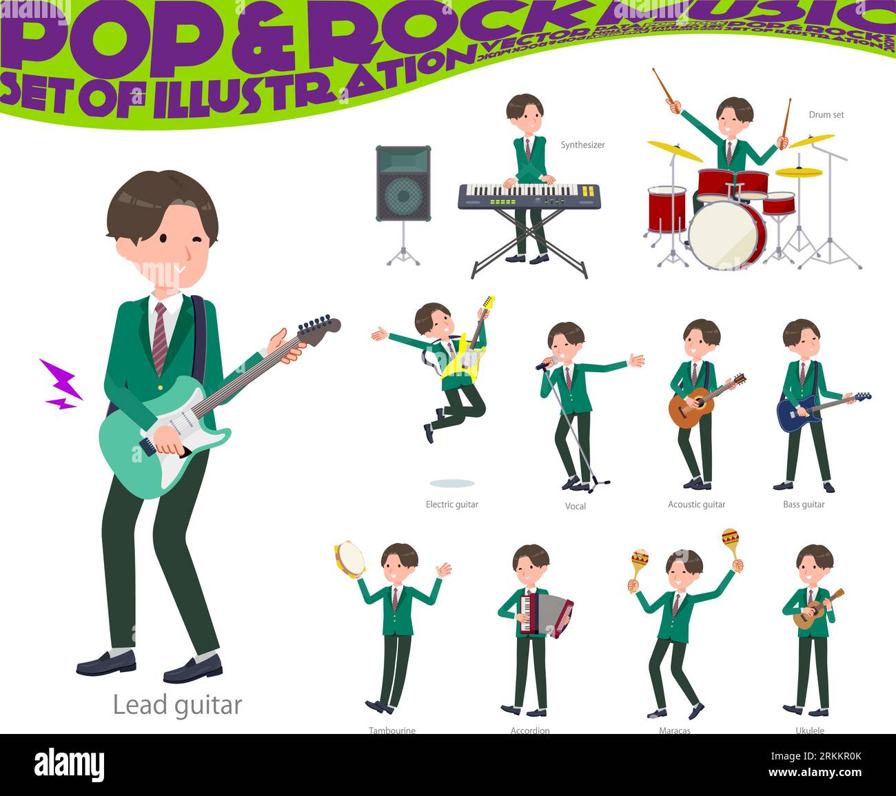 A set of blazer schoolboy playing rock 'n' roll and pop music.It's vector art so easy to edit. Stock Vector