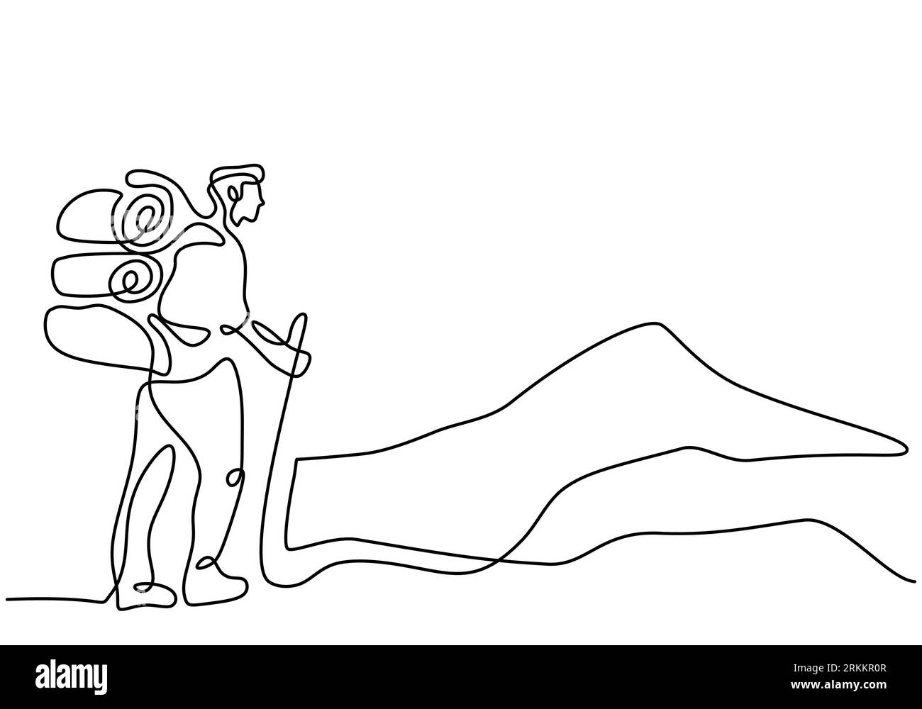 Continuous line drawing people hiking on mountain. Man climb a peak of mountain. Minimalist hand drawn single one contour style. Stock Vector