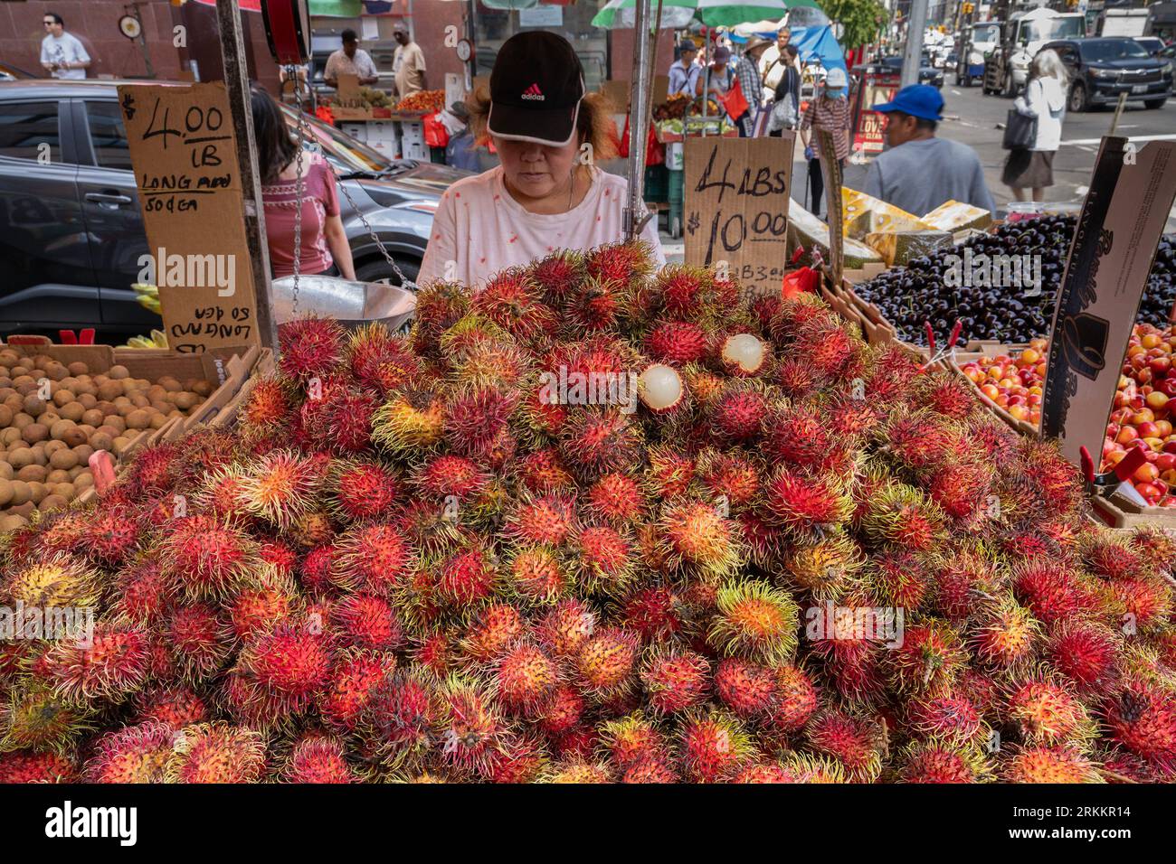 New York, USA - July 20th, 2023: Fresh rambutan for sale in a street market in Chinatown, Manhattan, New York. Stock Photo