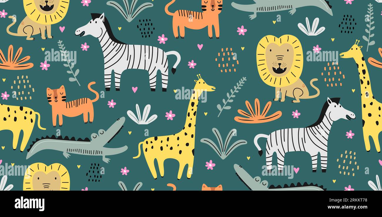 Cute animal seamless pattern with jungle drawing. Hand drawn floral ...