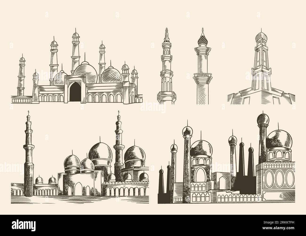 Mosque hand drawn set vintage style. Hand drawing mosque sketch drawing Stock Vector