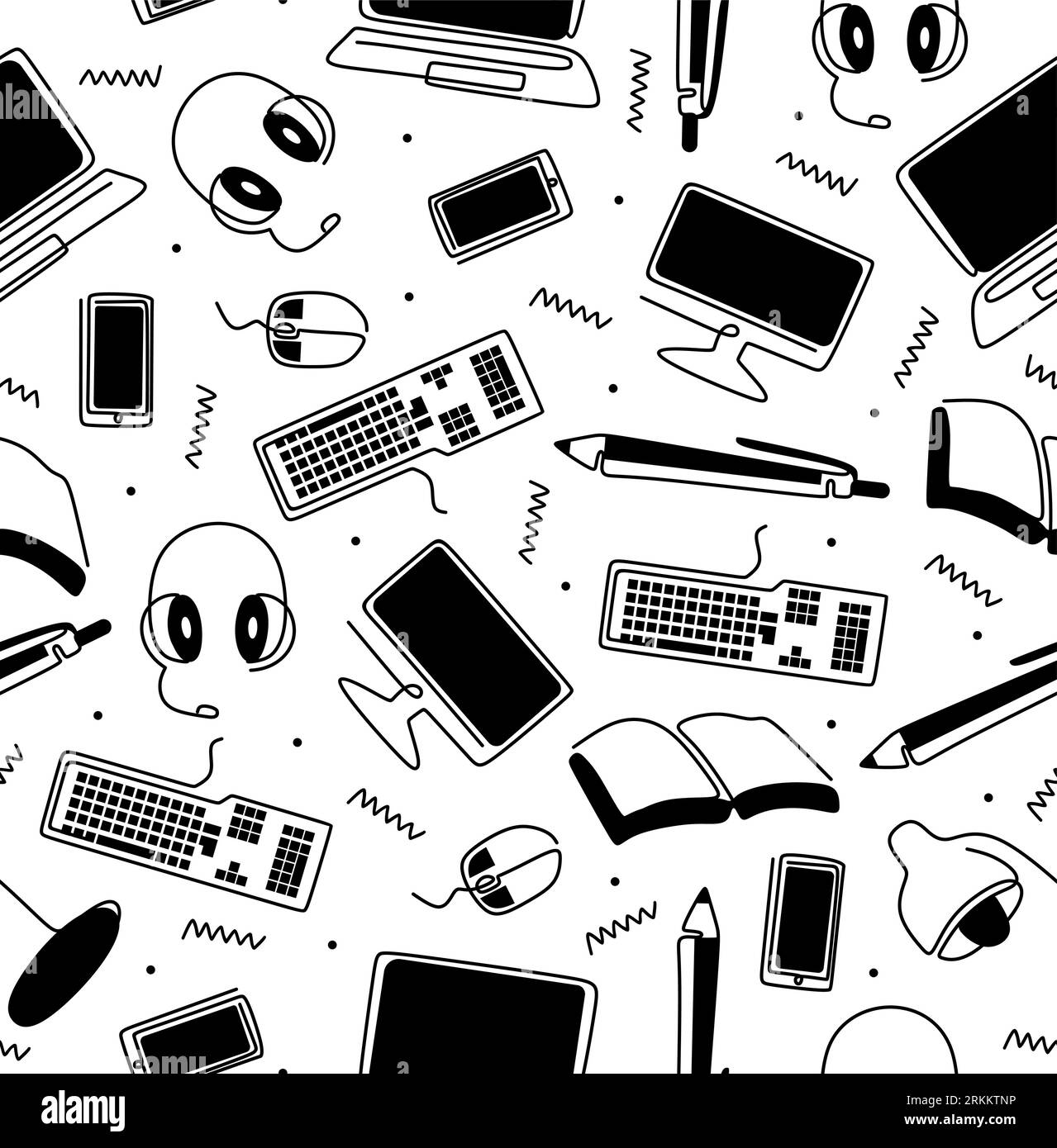 Online education hand drawn seamless pattern. Laptop, notebook, pen, pencil, headset, mouse, computer, keyboard, book isolated on white background. Ve Stock Vector