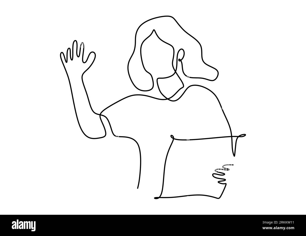Continuous one line drawing of happy girl standing in a bedroom raises her hand while holding paper. Education concept. Character woman in online clas Stock Vector