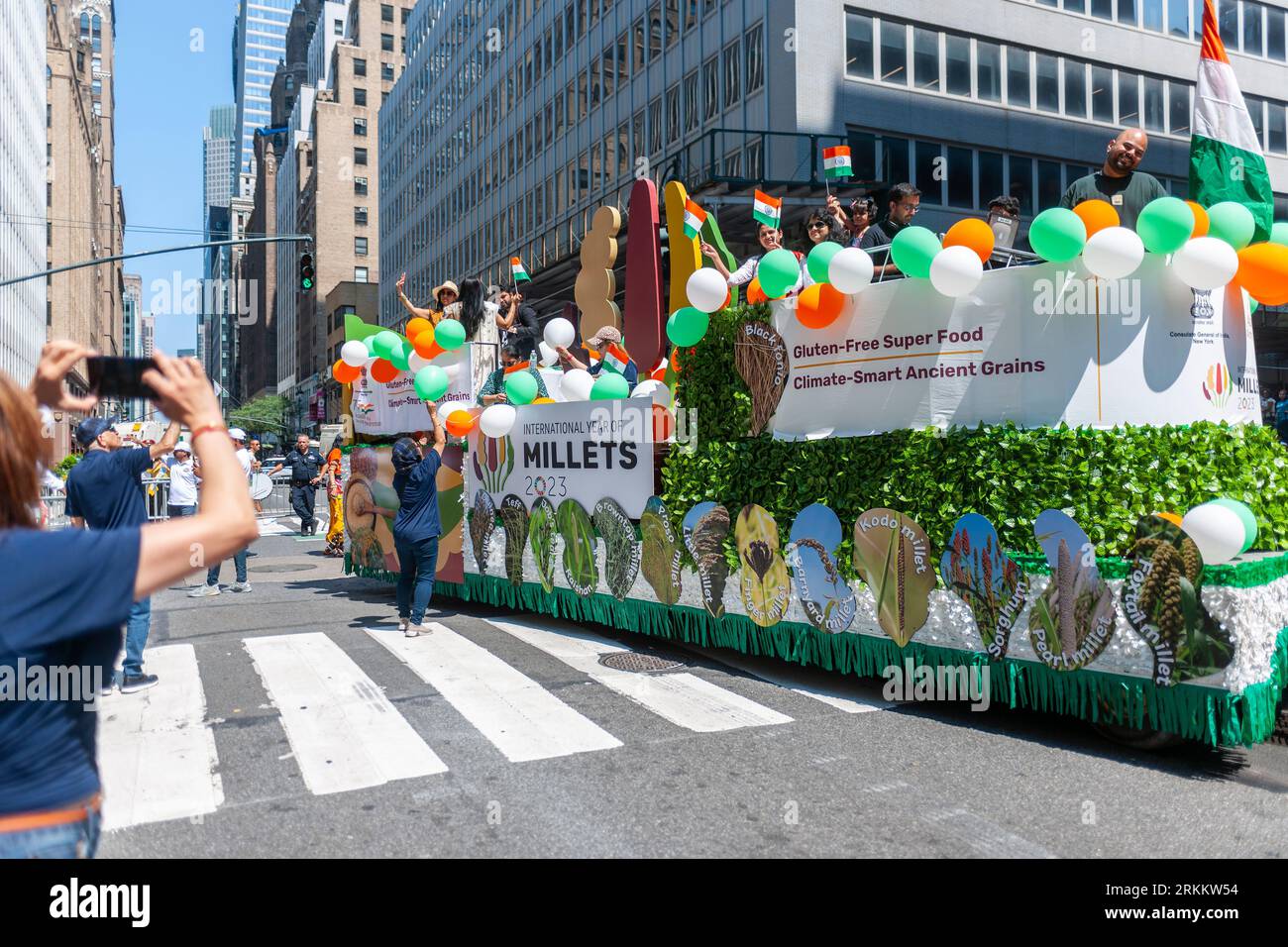 International Year of Millets float at the Indian Independence Day Parade on Madison Avenue on Sunday, August 20, 2023.  The parade celebrates the anniversary of India's partition from British rule on August 15, 1947. (© Richard B. Levine) Stock Photo