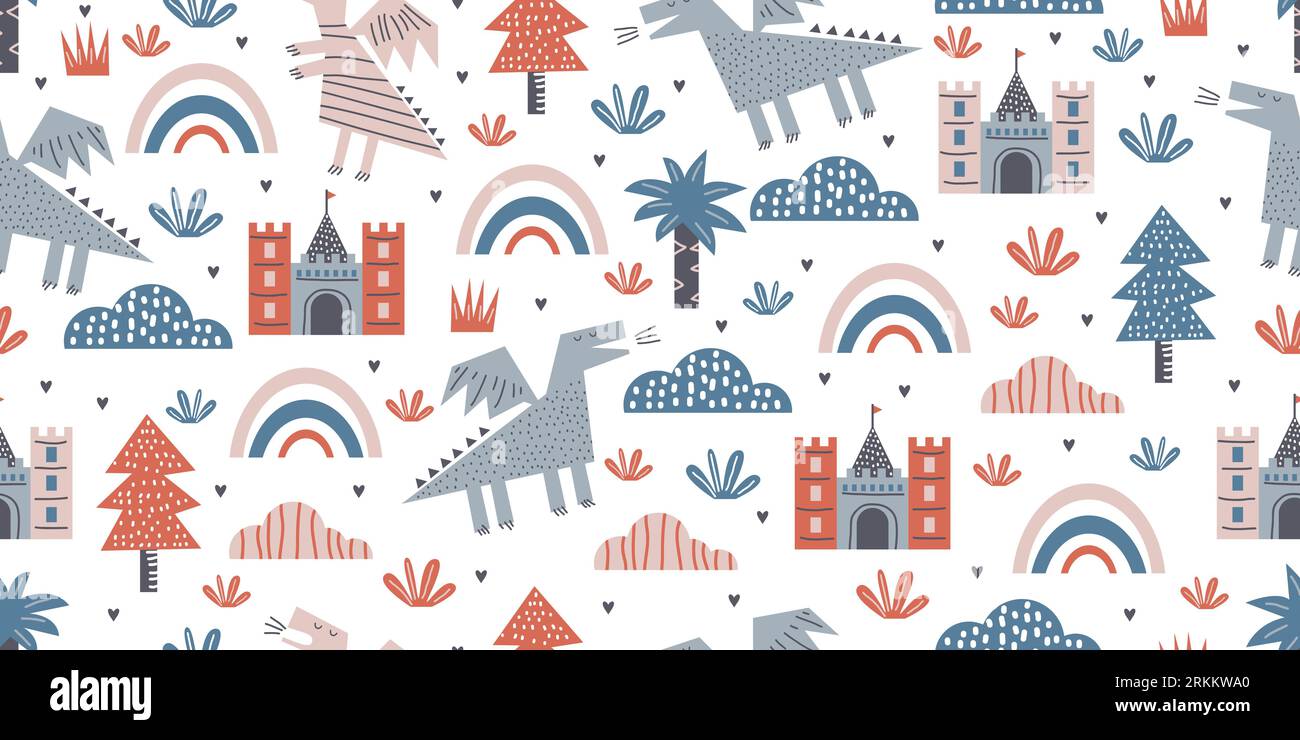 Dragon seamless pattern cute childish drawing style. backdrop design with funny cartoon dragon characters, vector illustration on black background. Fu Stock Vector