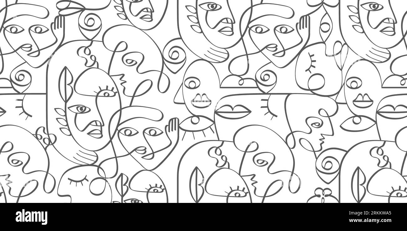 Seamless pattern of abstract face one line isolated on white background ...