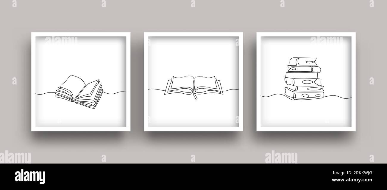 Book one line drawing set. Minimalist continuous hand drawn. Vector Posters collections. Stock Vector