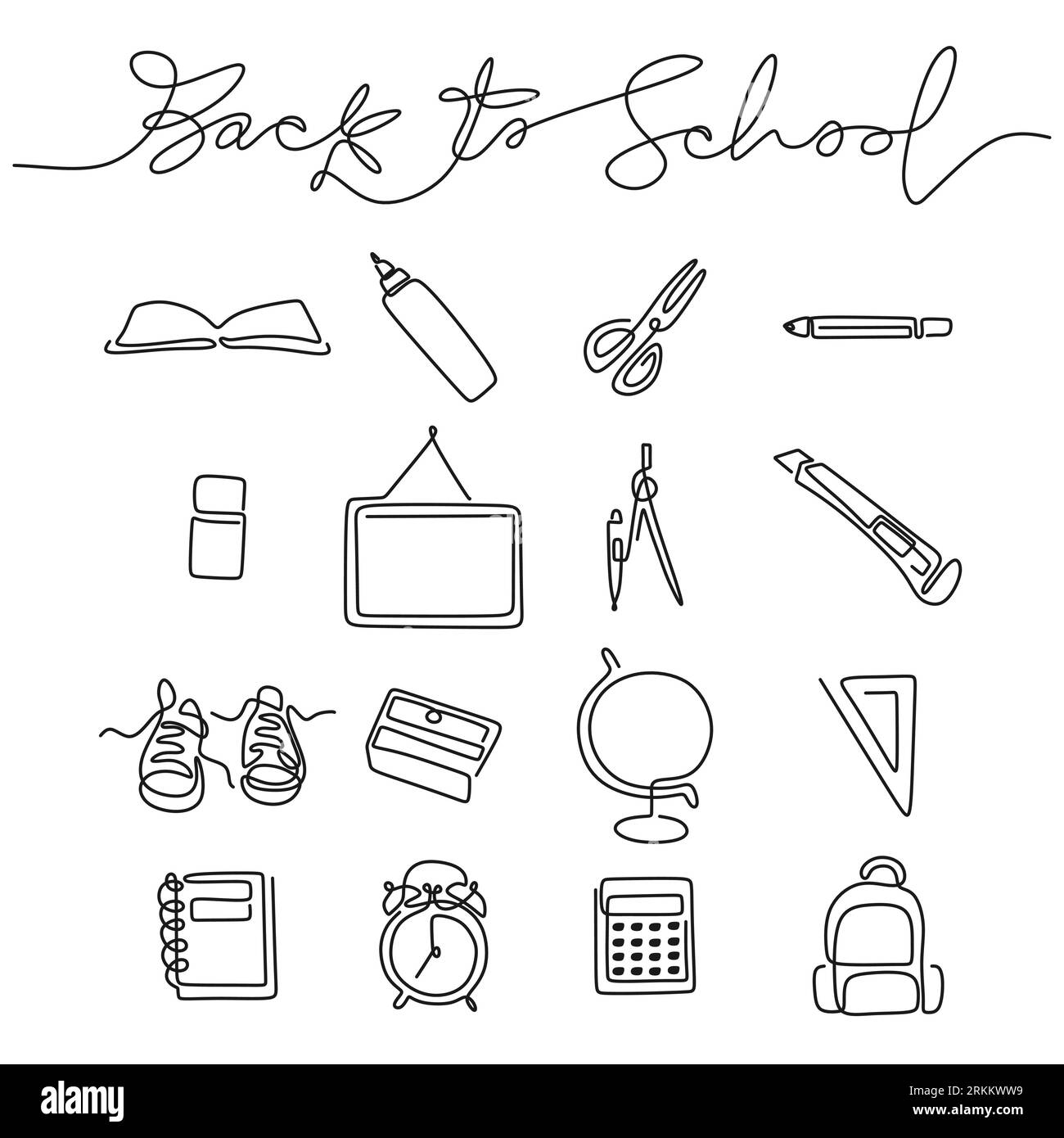 Continuous one line drawing of back to school handwritten words with note book, pencil, book, board, scissor, cutter, calipers, shoes, bag, calculator Stock Vector