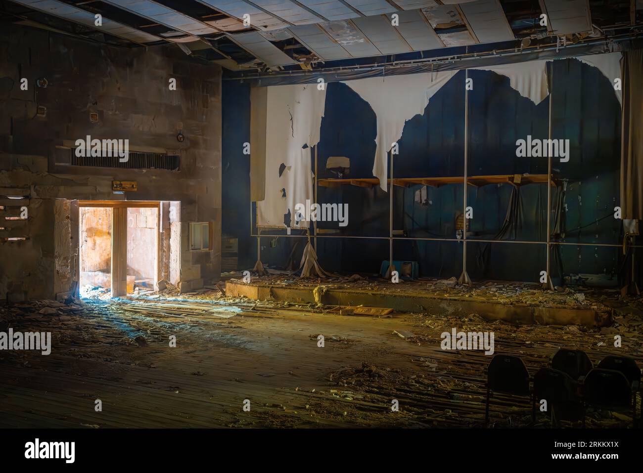 Interior of Abandoned Prometheus Cinema - Pripyat, Chernobyl Exclusion Zone, Ukraine Stock Photo