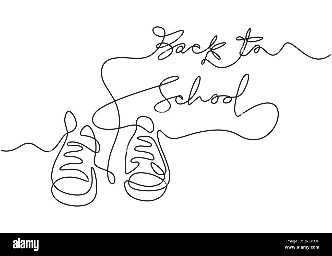 Continuous one line drawing of back to school handwritten words with school shoes isolated on white background. Stock Vector