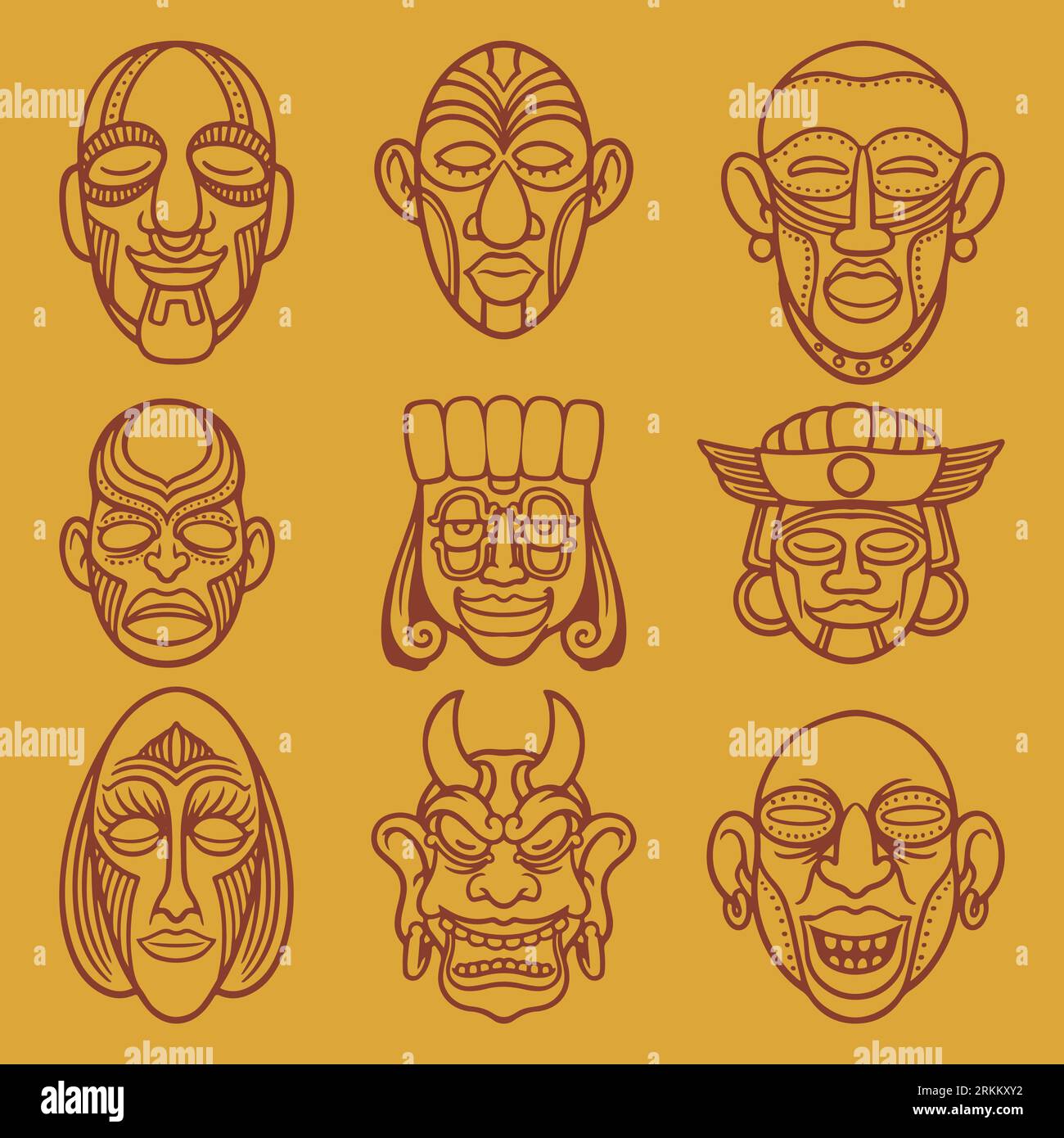 Aztec tribal sun symbol with human face. Set vector logo or tattoo