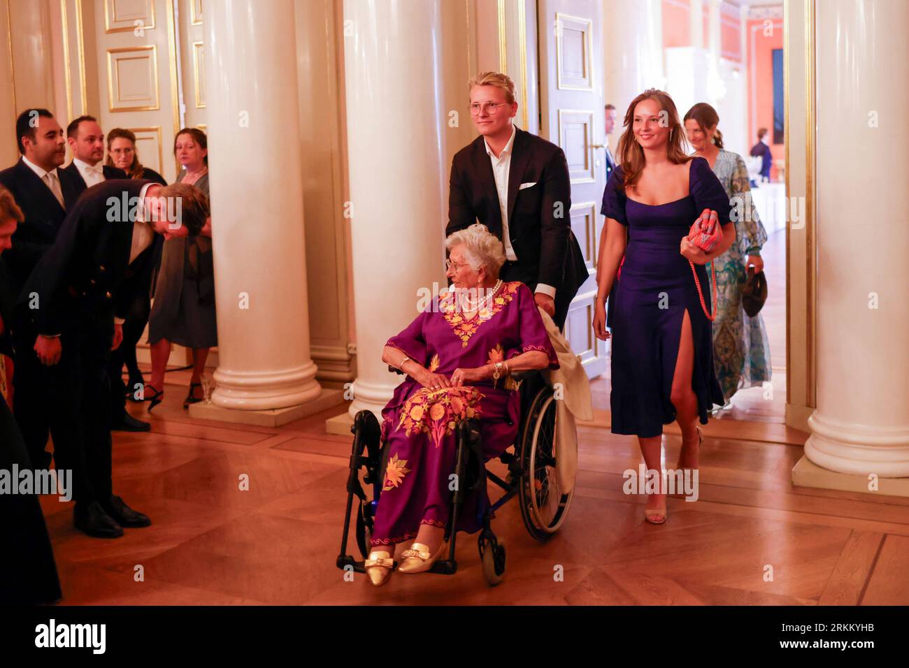 Oslo 20230825.Princess Astrid Mrs. Ferner, Prince Sverre Magnus and Princess Ingrid Alexandra of  Norway at the Royal Palace in Oslo on Friday. The party marks the crown prince couple's 50th birthday during the summer. Photo: Hanna Johre / NTB / POOL Stock Photo
