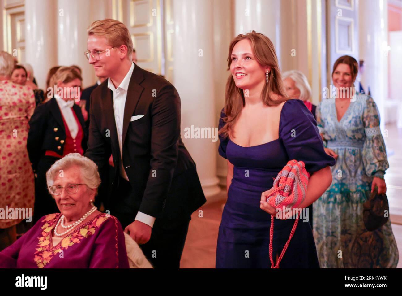 Oslo 20230825.Princess Astrid Mrs. Ferner, Prince Sverre Magnus and Princess Ingrid Alexandra of  Norway at the Royal Palace in Oslo on Friday. The party marks the crown prince couple's 50th birthday during the summer. Photo: Hanna Johre / NTB / POOL Stock Photo