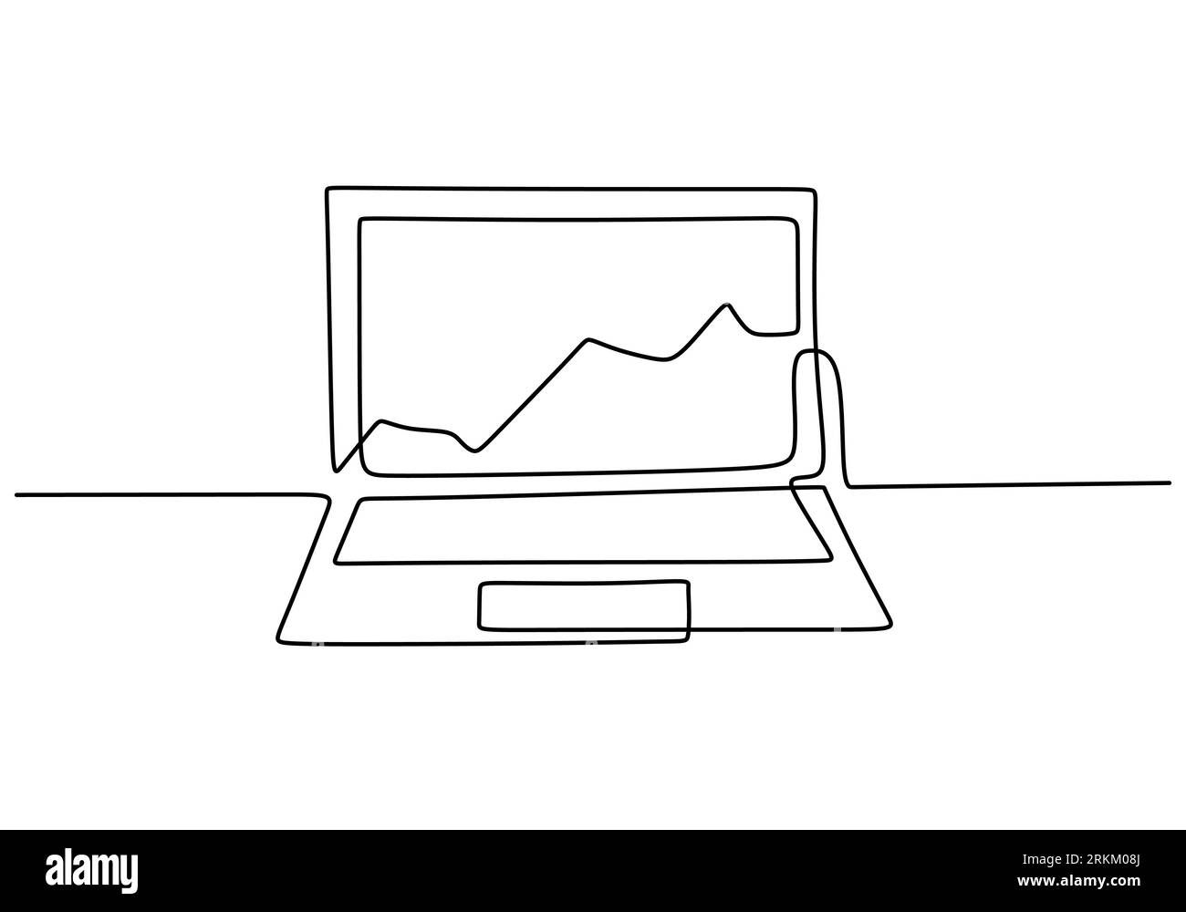 Graph growth indicators on laptop screen in one continuous line hand drawn art minimalism style. The concept is the growth of stock finance isolated o Stock Vector