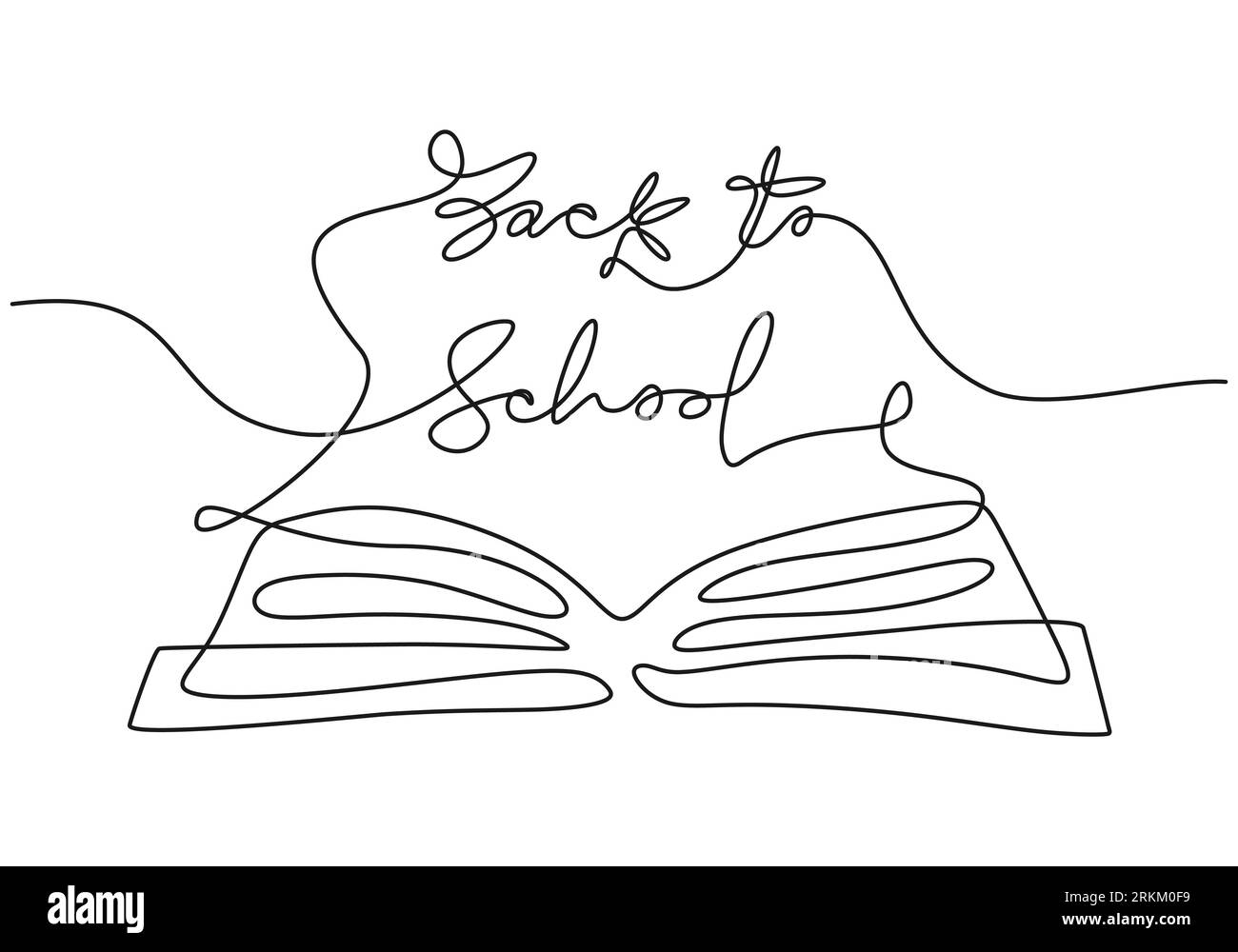 Continuous one line drawing of back to school handwritten words with opened book isolated on white background. Stock Vector