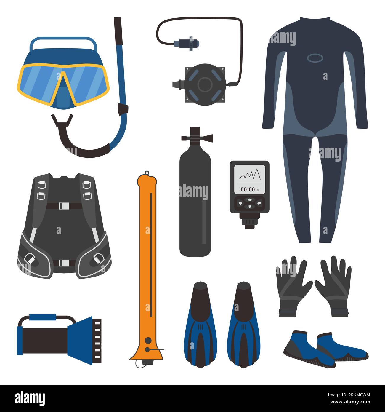 Set of diving equipment tools for diver in flat element style Stock