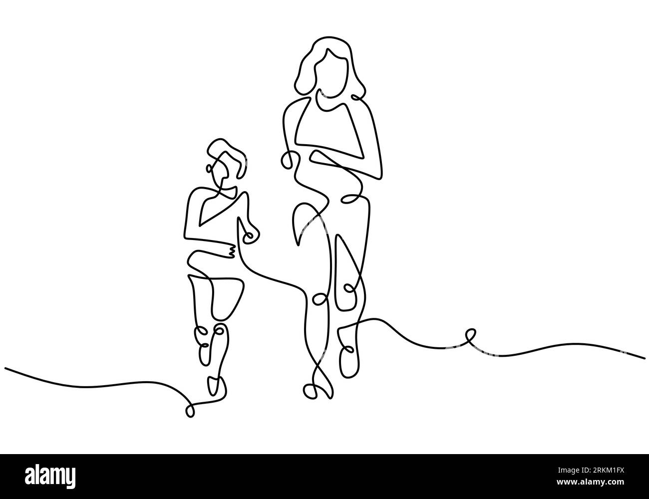 Continuous line drawing of young mother run together with her little son in the morning. Happy mom and son doing exercise at the field park. Family lo Stock Vector