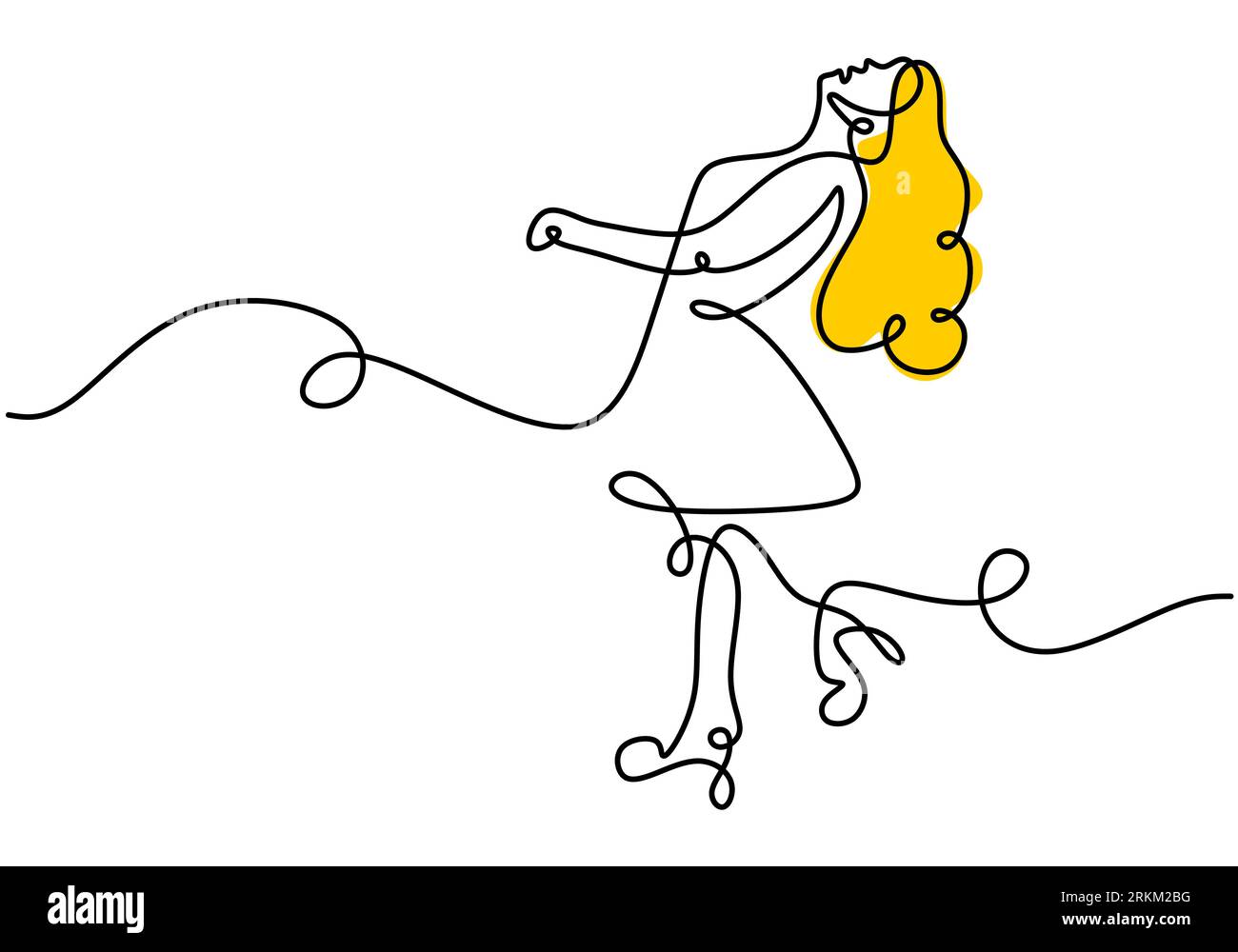 Continuous single line drawing of long yellow hair woman using walking