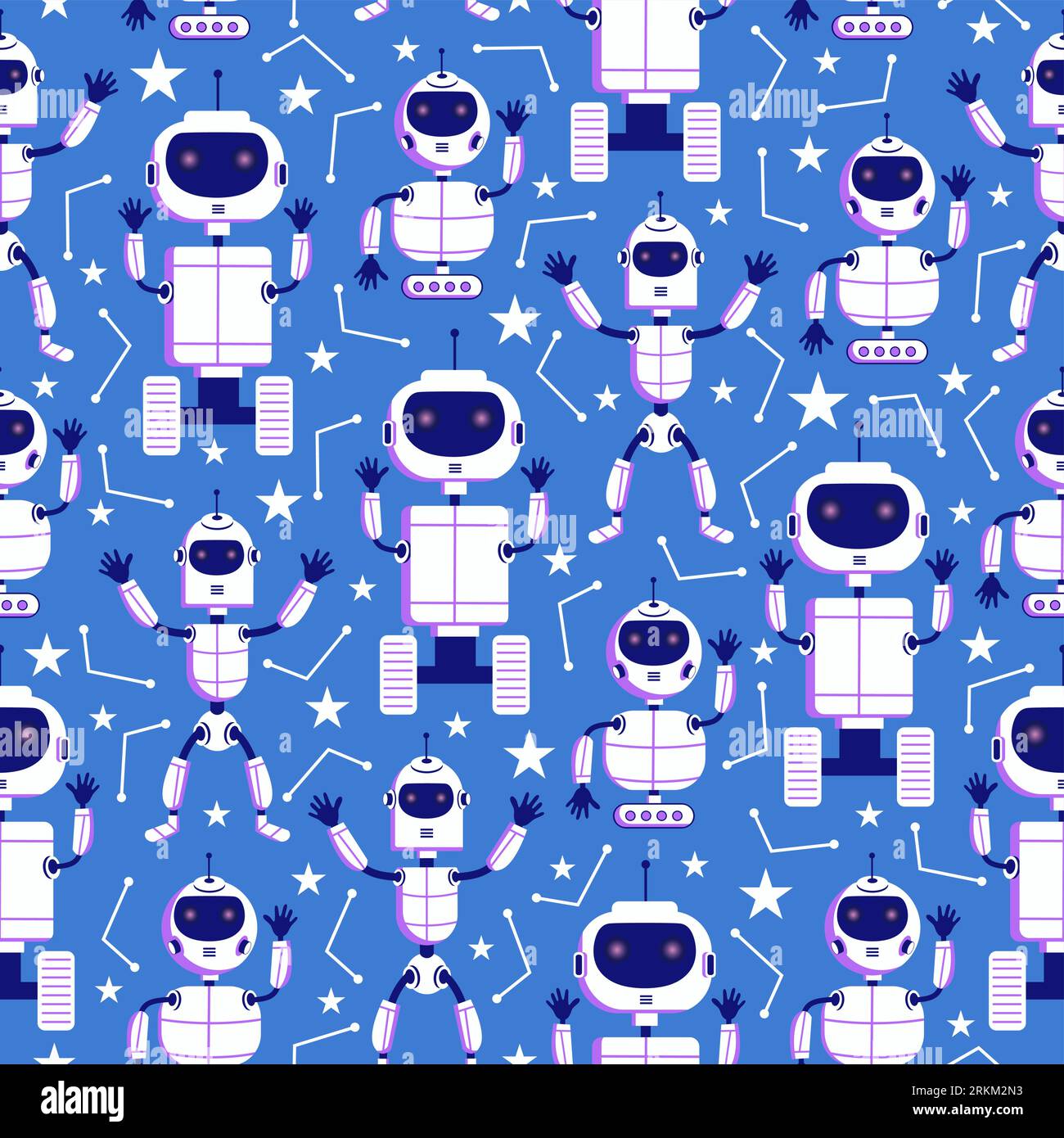 White modern cute Robotic seamless pattern isolated on blue background. Baby children fashion pattern. Stock Vector