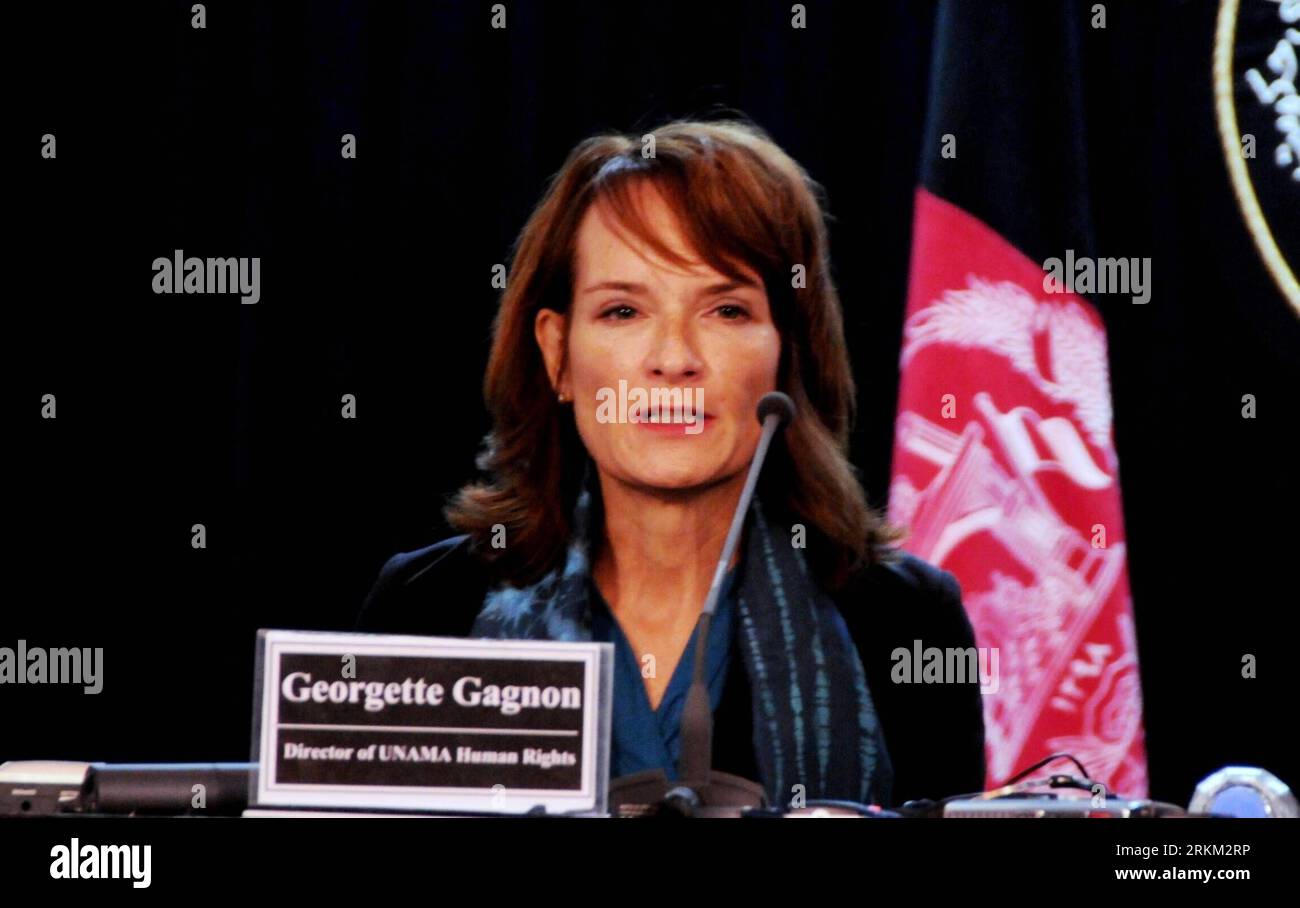 Bildnummer: 56413689  Datum: 23.11.2011  Copyright: imago/Xinhua (111123) -- KABUL, Nov. 23, 2011 (Xinhua) -- The United Nations Assistance Mission to Afghanistan (UNAMA) s director of human right Georgette Gagnon speaks during a press conference in Kabul, on Nov. 23, 2011. The UN mission in Afghanistan on Wednesday called on Afghan government to protect the women s rights and improve the implementation of law for Elimination of Violence against Women in the country. (Xinhua/Omid) (zjl) AFGHANISTAN-KABUL-UN PRESS CONFERENCE PUBLICATIONxNOTxINxCHN People Politik Porträt x0x xtm 2011 quer premiu Stock Photo