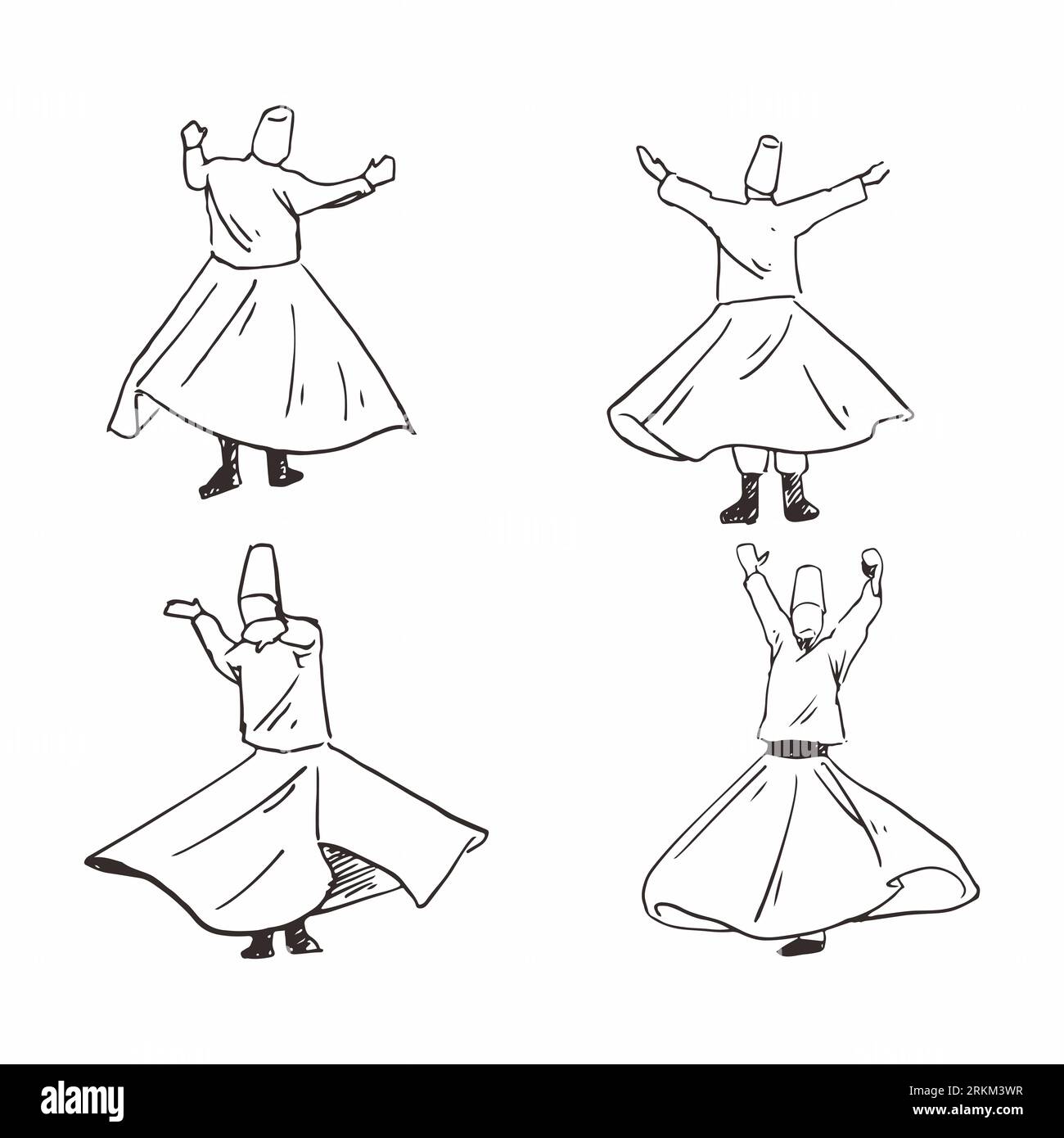 Hand drawn of Whirling dervish sufi dance isolated on white background. Stock Vector