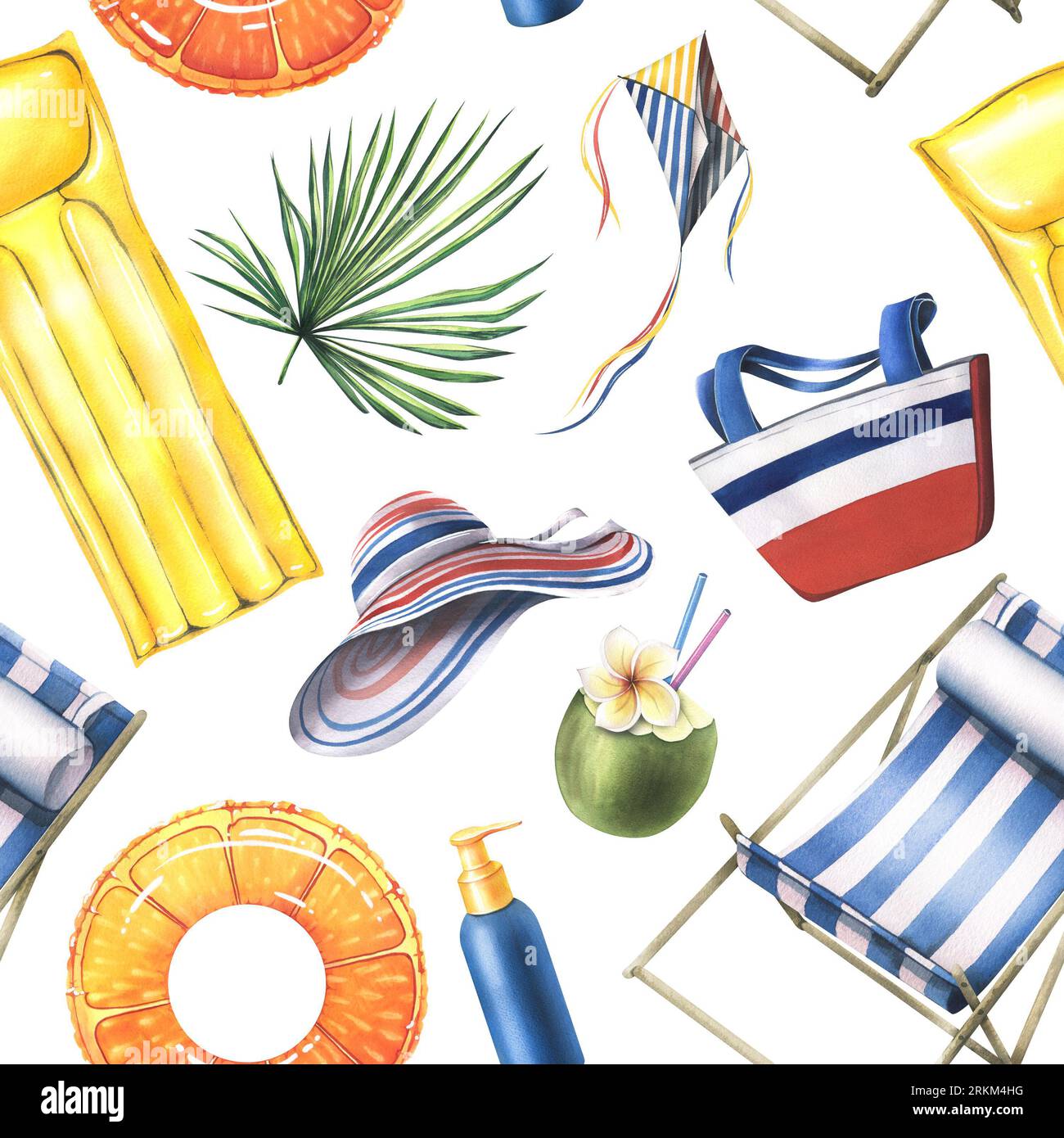 Beach, summer, tropical vacation with palm leaves, deck chair, bag, hat