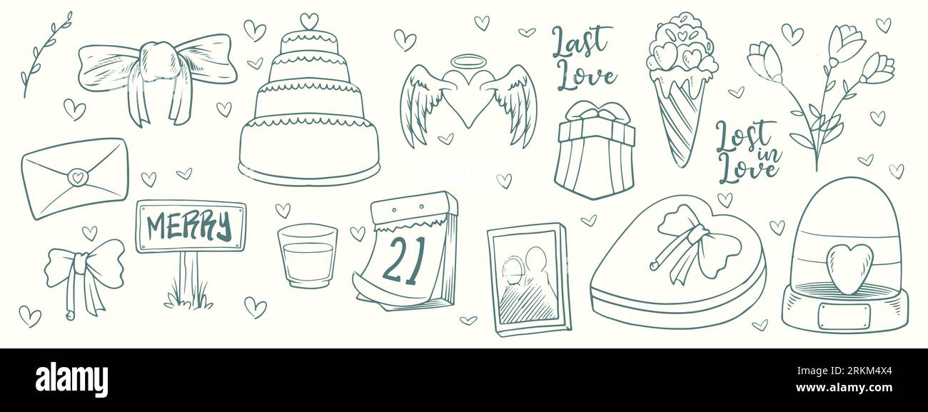 Wedding graphic set hearts, ribbons, wings, cages, flowers, love