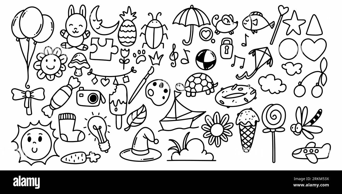 Set of elements in childish doodle hand drawn style isolated on white ...