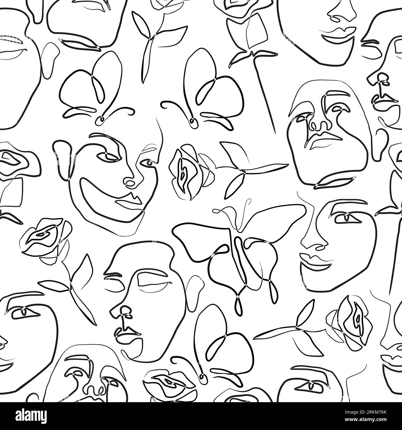 One line drawing abstract faces seamless pattern. Modern aesthetic