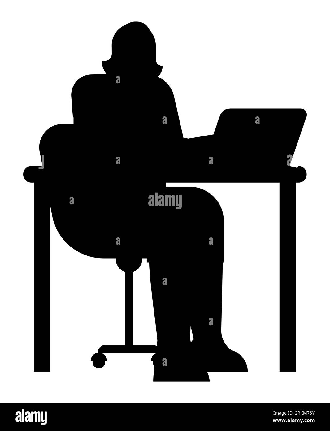 Black silhouette of a woman using a laptop, tranquil female professional in virtual office, peaceful remote work scene, vector illustration on white Stock Vector
