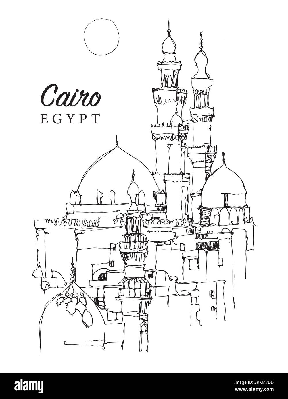 Vector hand drawn sketch illustration of minarets and domes of mosques in Cairo, Egypt Stock Photo